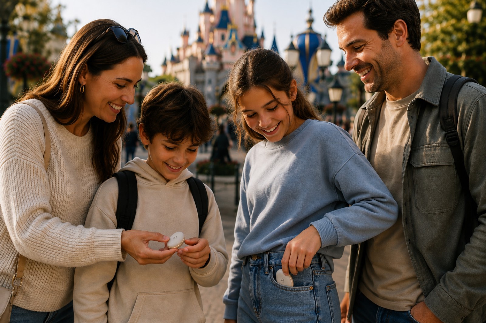 A family of four outside on a bright day, gathered close. The kids hold small ceramic Sprout devices in their hands and pockets; no phones in sight.