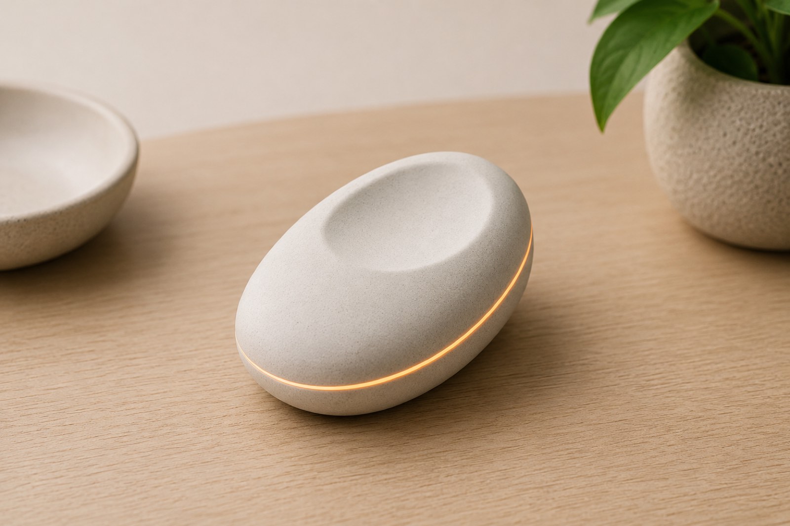 Sprout Go — a smooth ceramic pebble with a thumb-rest dimple and a warm amber underglow seam, on a pale wood surface.