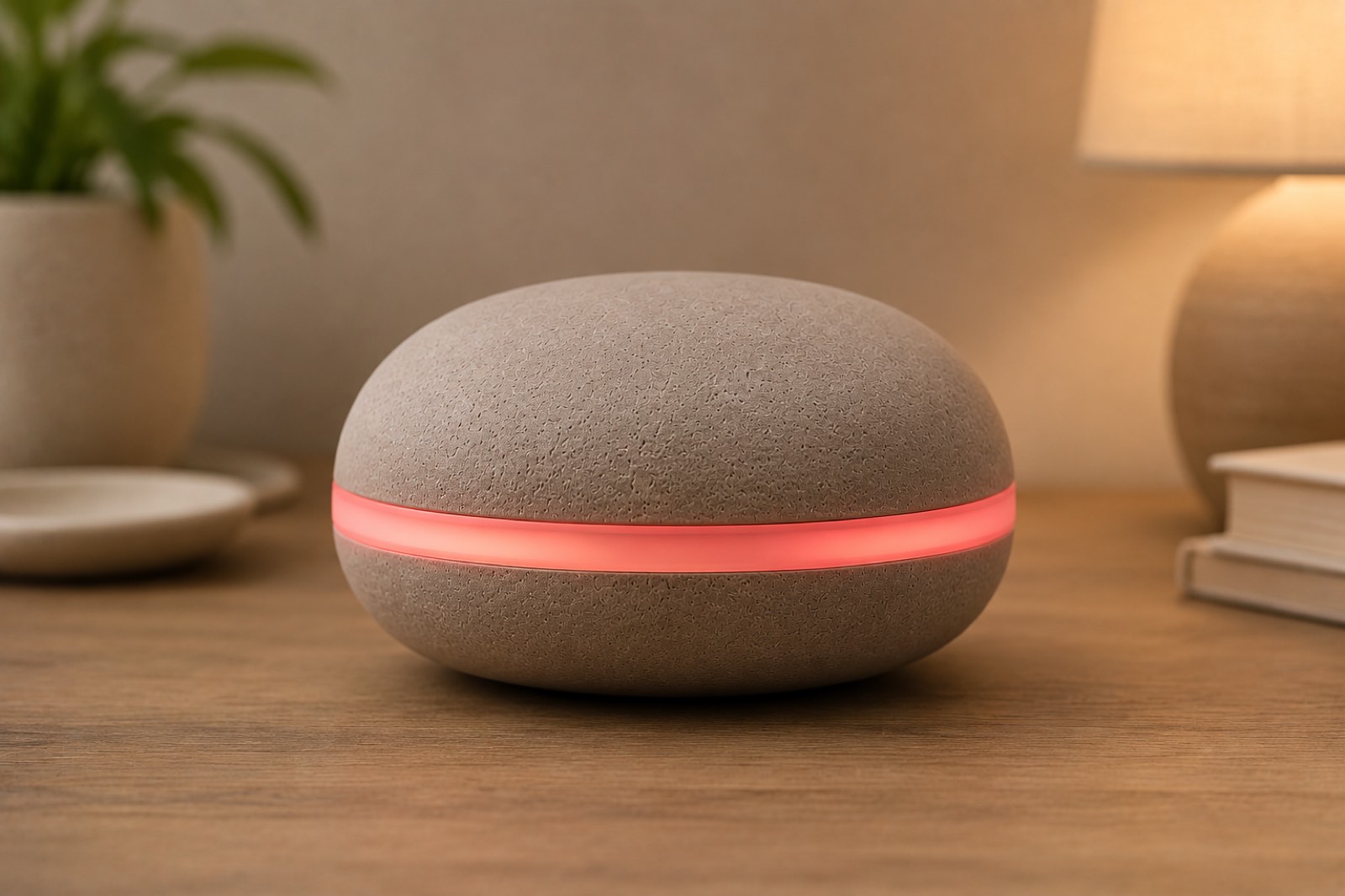 Sprout Home in Attention state — the seam glows a warm muted red.