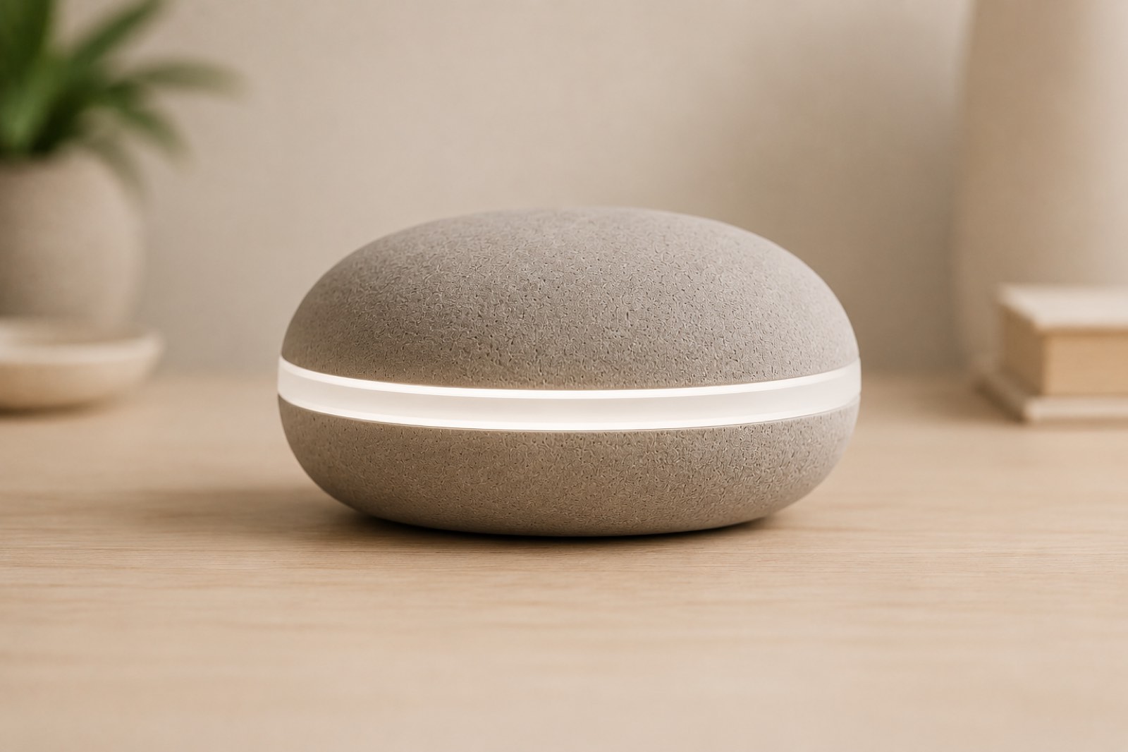 Sprout Home in Ready state — a ceramic stone with a soft, quiet white seam of light on a wood nightstand.
