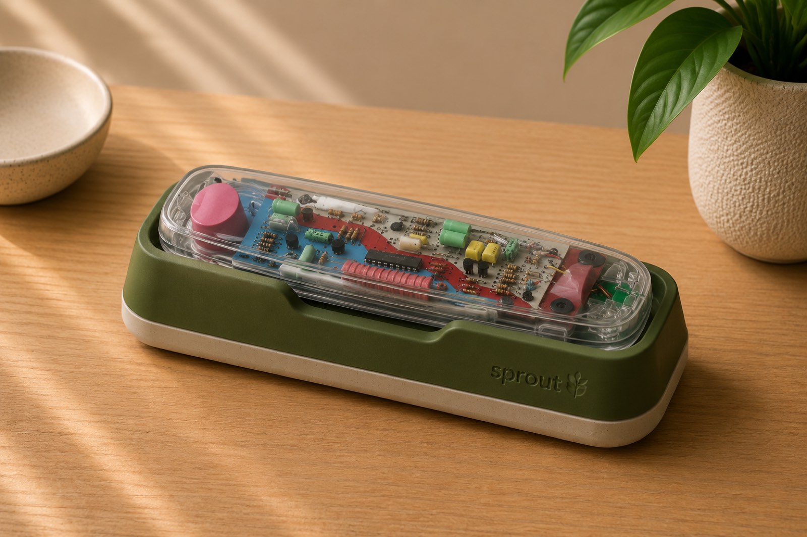 A connected Sprout handset resting in its olive-green cradle on a wood desk — calm, lifestyle.