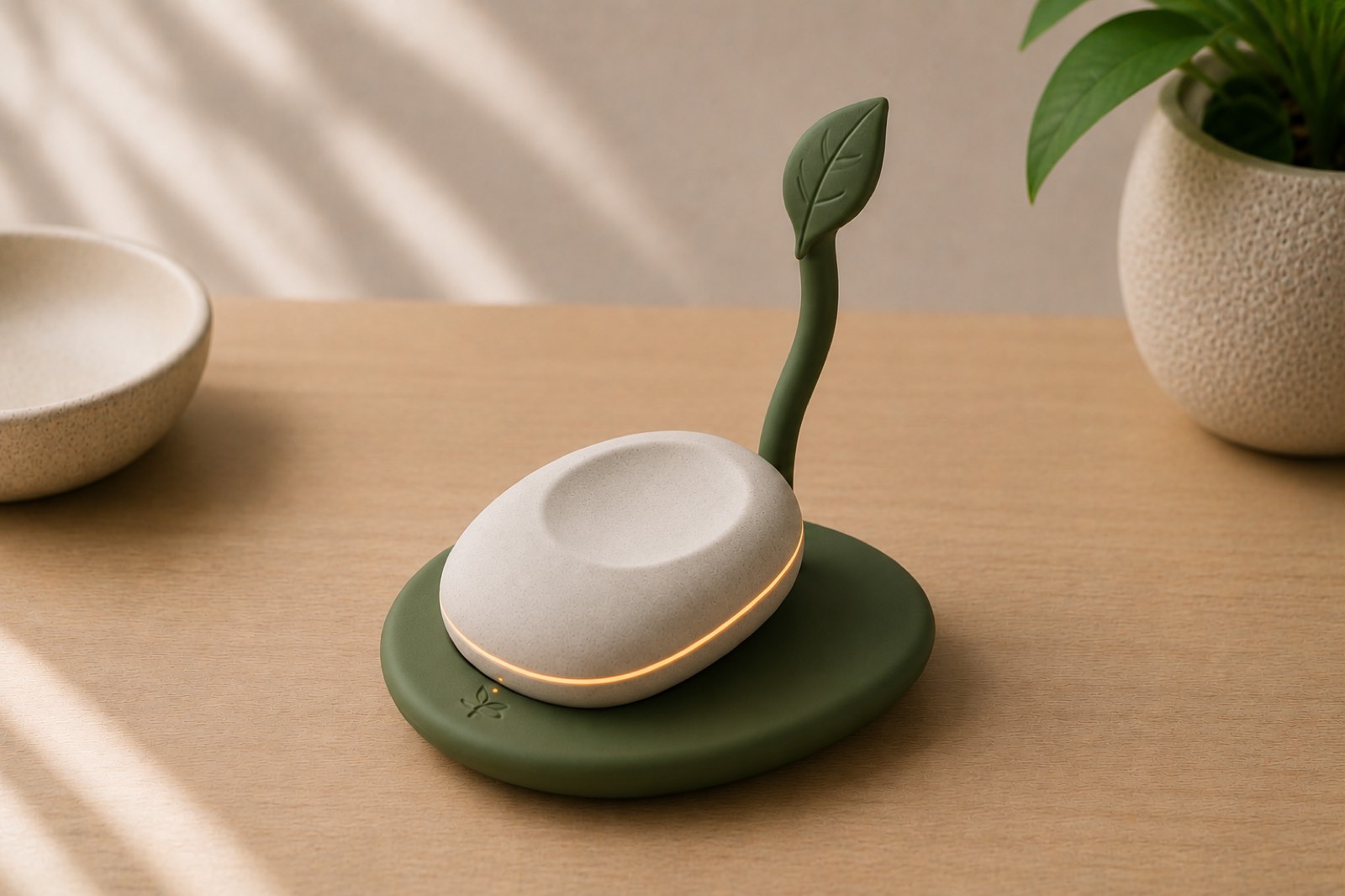 Sprout Stem in the Go size with a Sprout Go pebble resting in it on a wood surface.