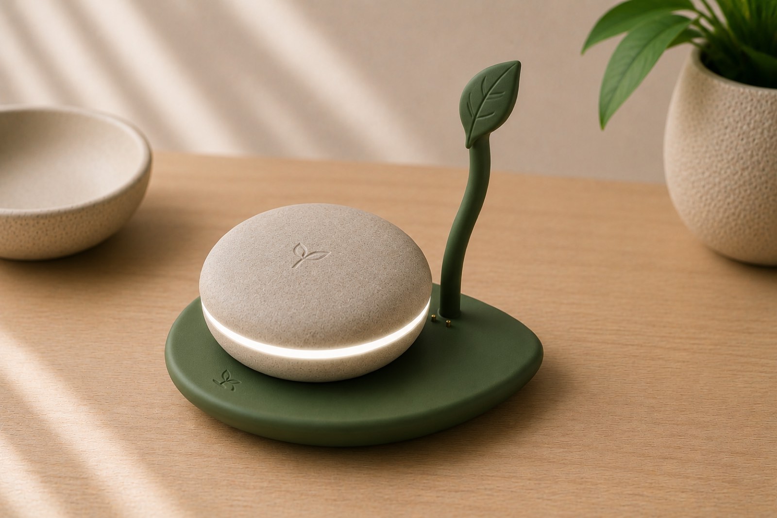 Sprout Home resting in the larger Sprout Stem cradle on a wood surface — calm, low, intentional.