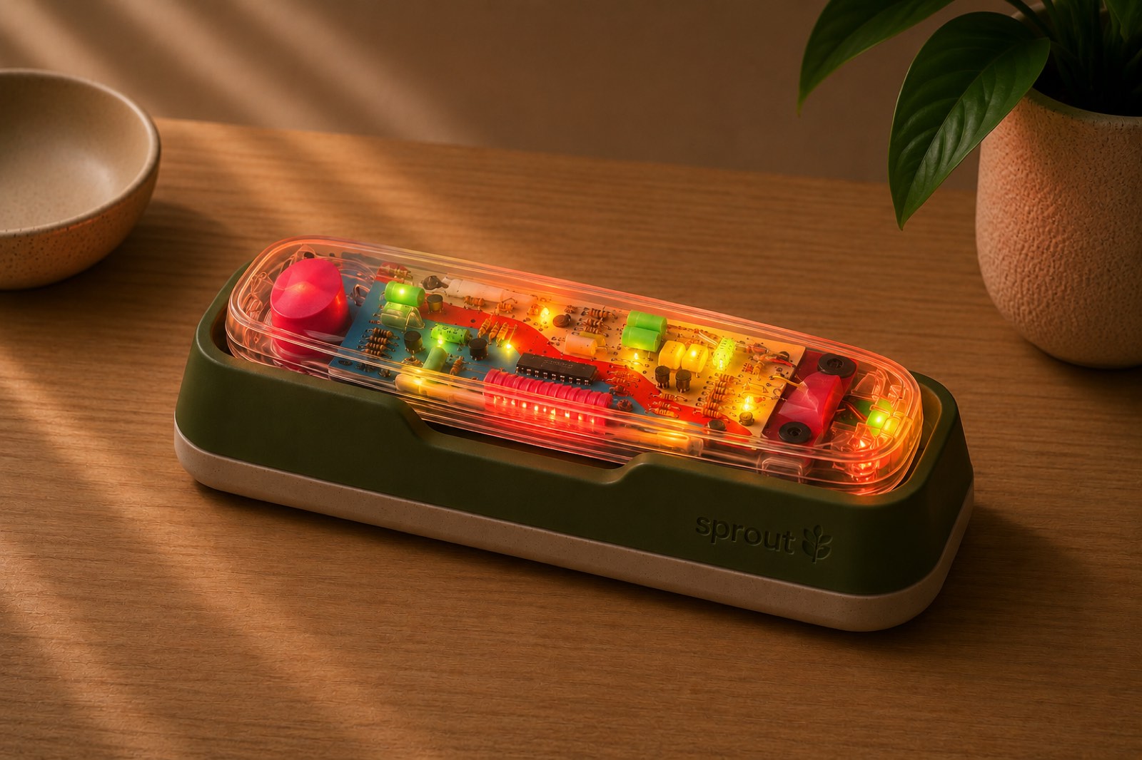 The handset in cradle with a soft incoming-call indicator — a small light along the edge of the cradle.