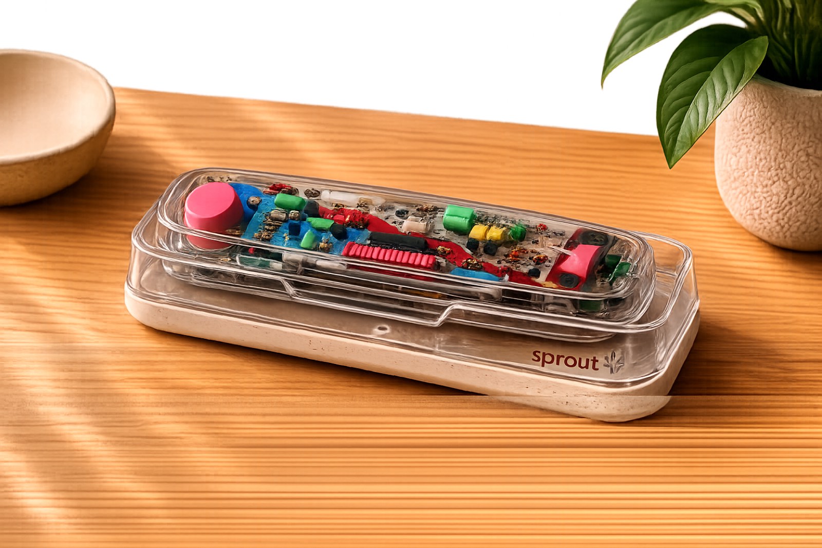 The Sprout TeleWorks handset resting in a clear-finish cradle — a frosted, almost-invisible shell on a warm wood surface.