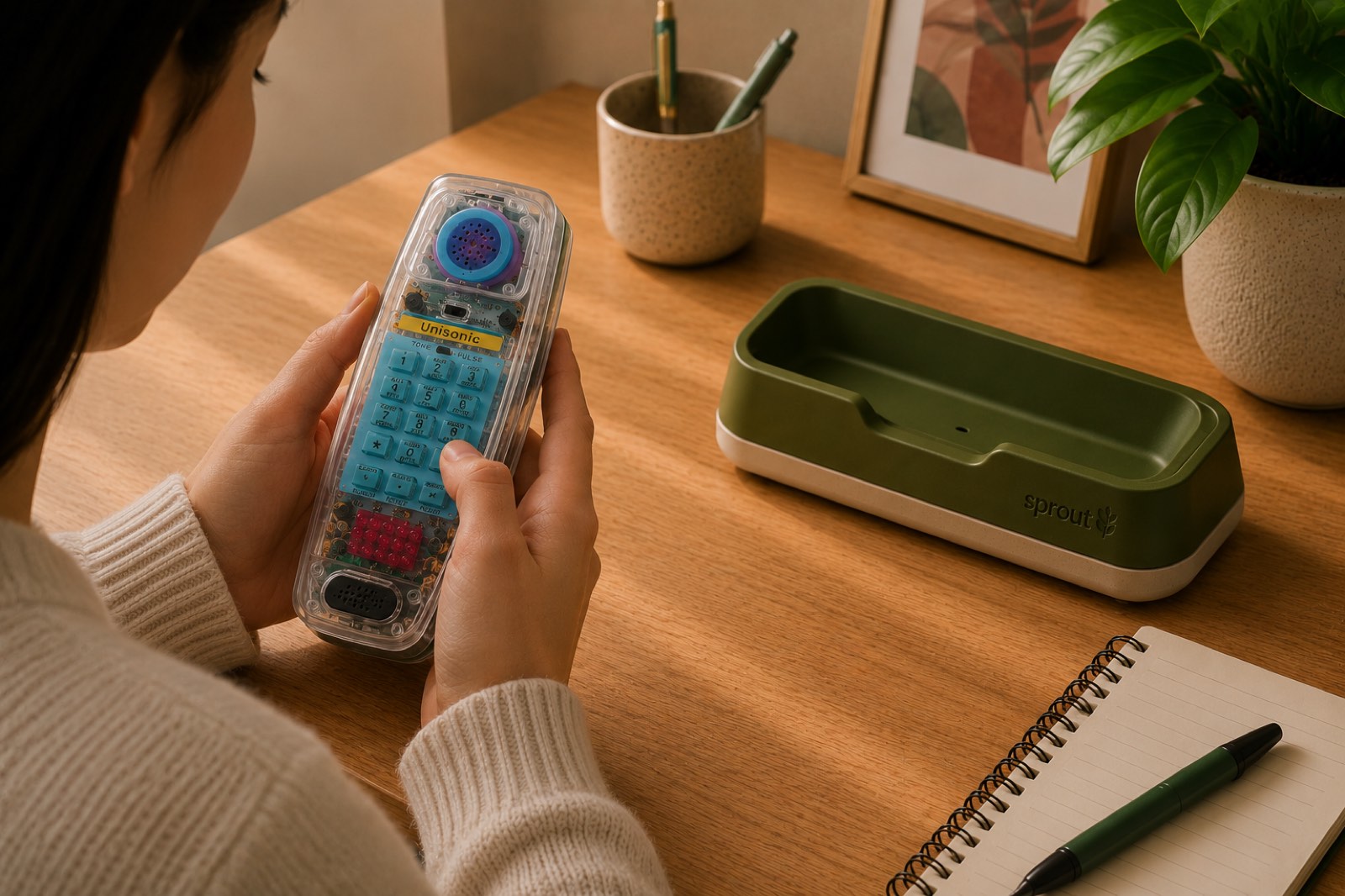 A person holds the Sprout TeleWorks handset — transparent shell, soft blue keypad — at a wood desk. The olive-green cradle sits nearby with a small ceramic pot and a notebook.