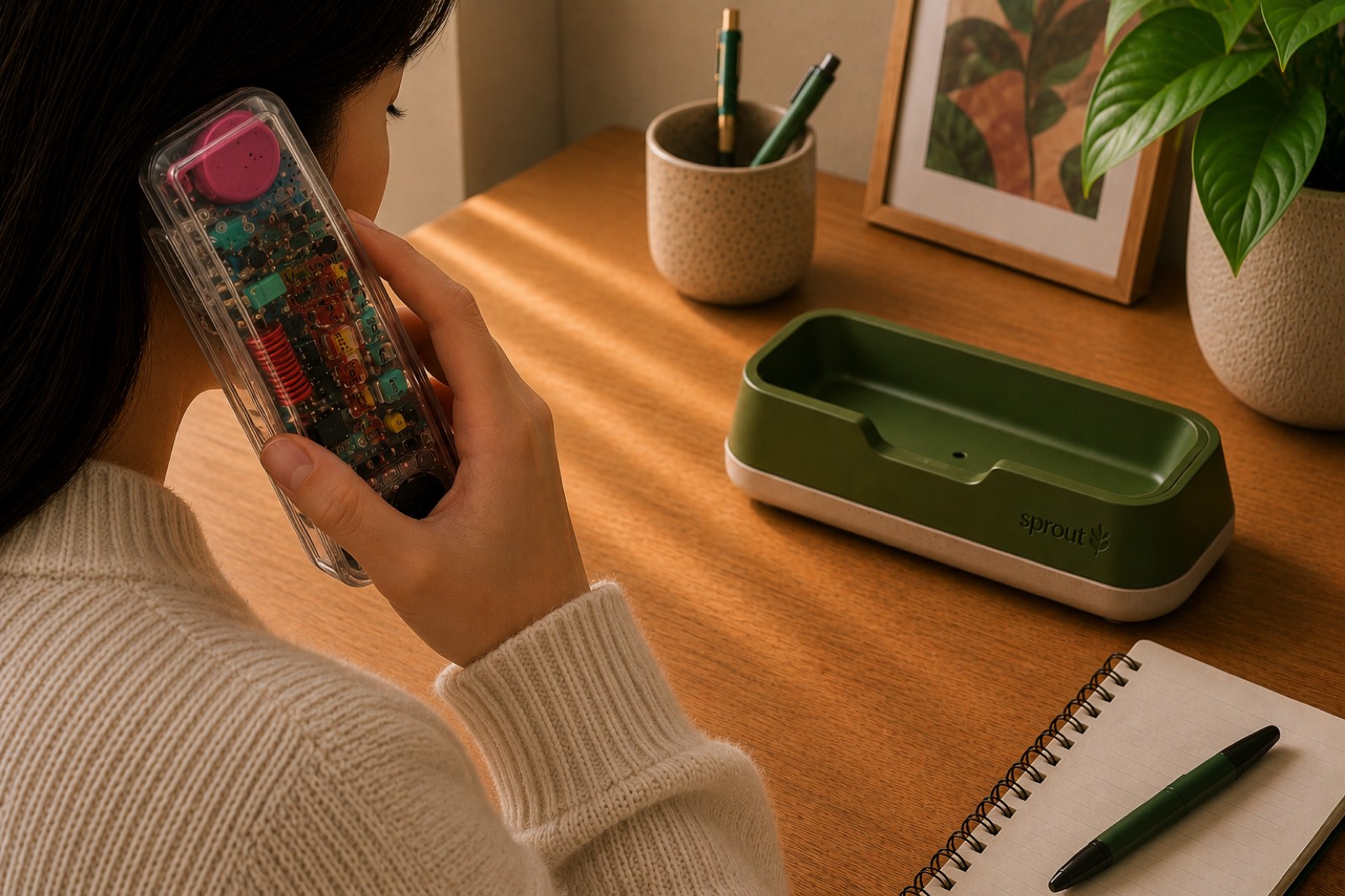 The Sprout TeleWorks handset held to an ear during a call, on a wood desk.