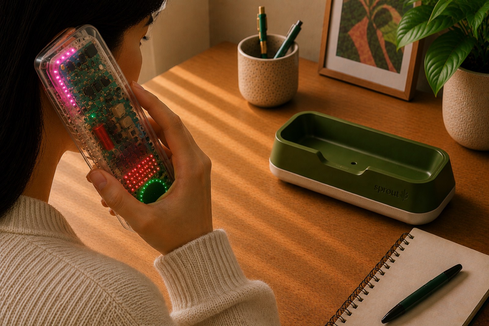 The handset in use with the keypad gently lit, held in a hand at a desk.